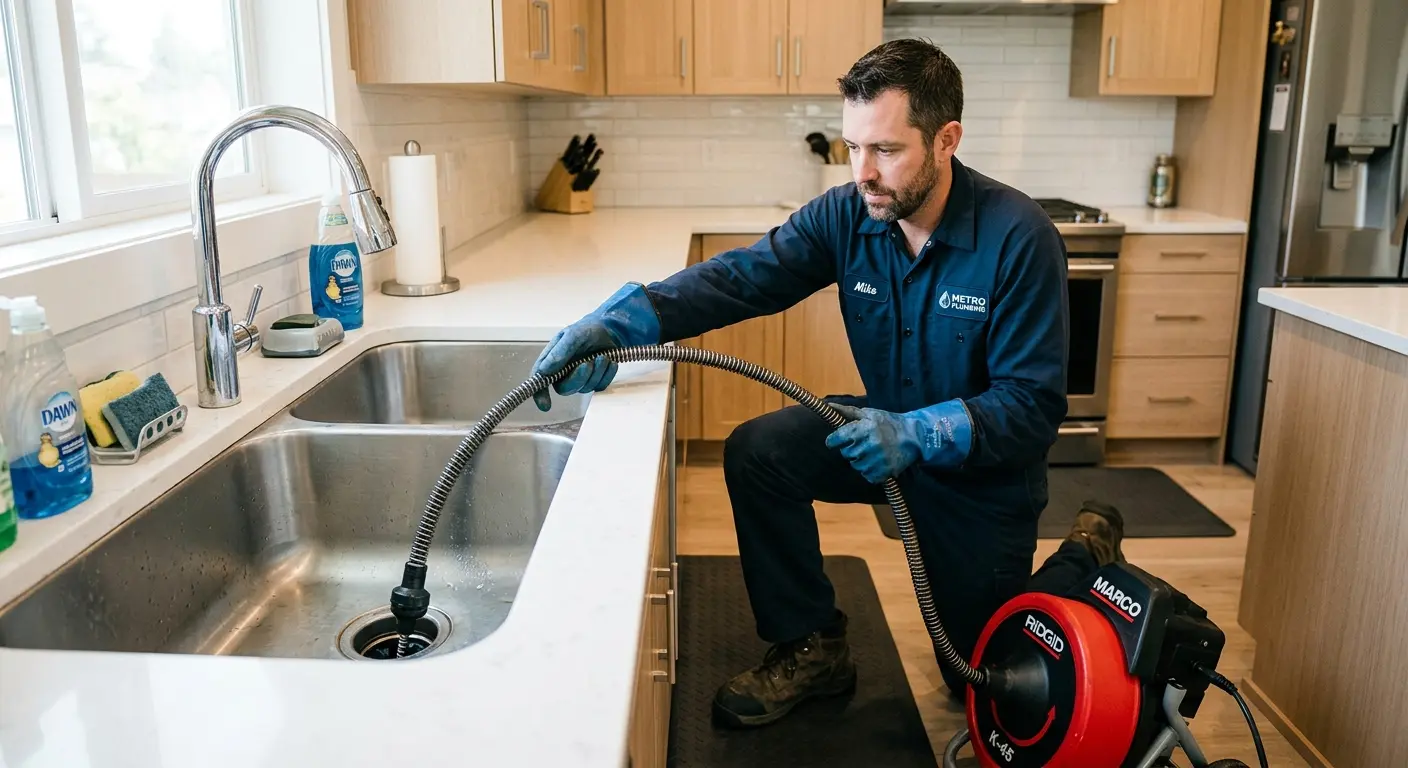 Drain cleaning technician using a motorized snake on a kitchen sink in Great Falls