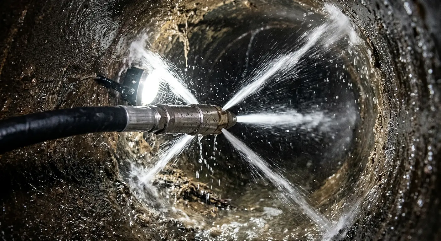 High-pressure hydro jetting nozzle cleaning sewer pipe for Sewer Cleanout in Great Falls