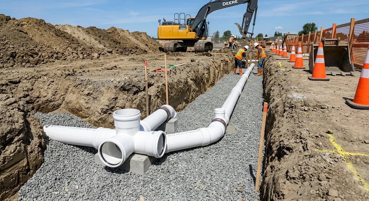 New PVC sewer pipe installation in open trench for Commercial Drain Cleaning in Great Falls