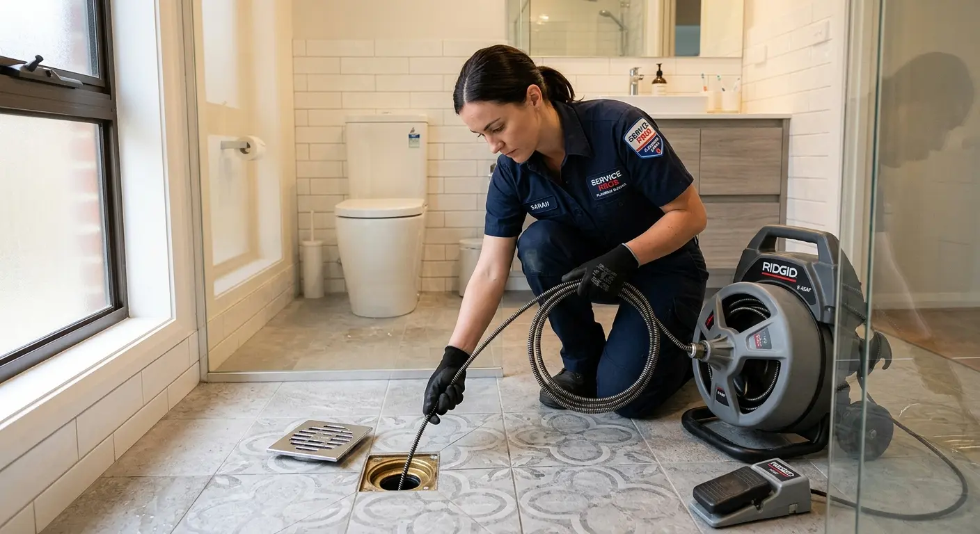 Technician clearing a bathroom floor drain for Drain Repair in Great Falls